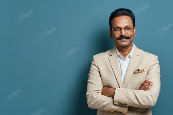 Professional Man in Beige Suit with Crossed Arms on Blue Background