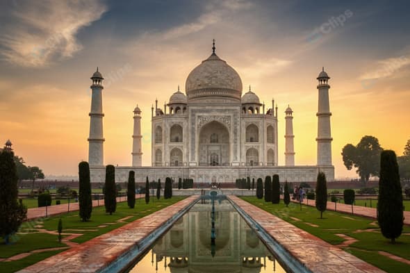 Taj Mahal at Sunrise with Reflecting Pool Side