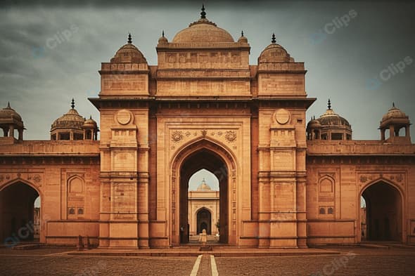 Ancient Indian Fort Entrance with Domes and Arches