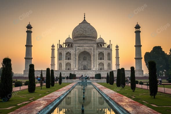 The Taj Mahal at Dawn with Mirror-Like Pool Reflection
