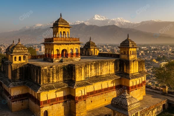 Ancient Fortress Overlooking Mountain City at Sunrise