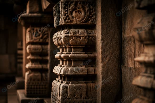 Intricately Carved Stone Pillars of Ancient Temple