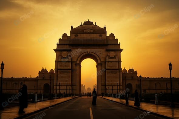 Sunset at Iconic Arch Monument with Silhouetted Visitors