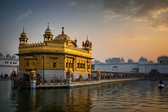 Golden Temple at Sunset with Reflective Waters