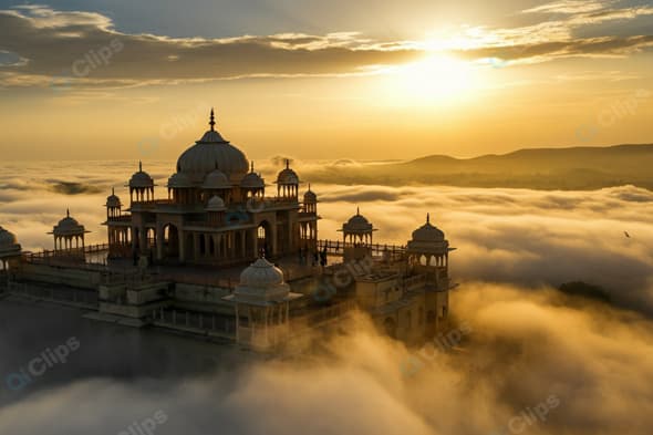 Sunrise Over Misty Palace with Horizon Clouds