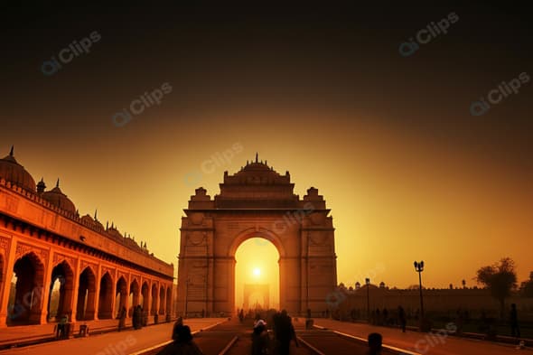 Sunset at Historic Gateway with Silhouetted Crowd