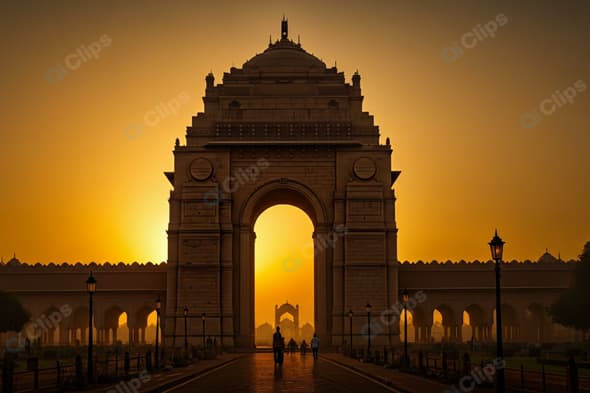 Sunset at Monumental Arch in Urban Landscape
