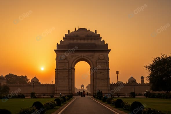 Sunset View of Historic Monument with Gardens