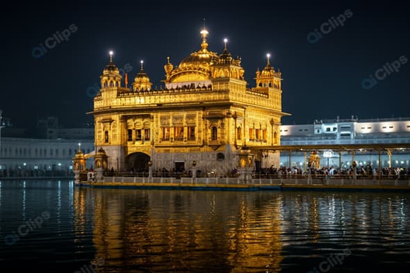 Golden Temple at Night with Reflections