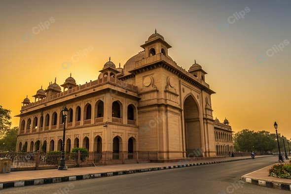 Elegant Historic Building at Sunrise in Peaceful Setting