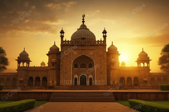 Sunset Silhouette of a Historic Mosque with Arches and Domes