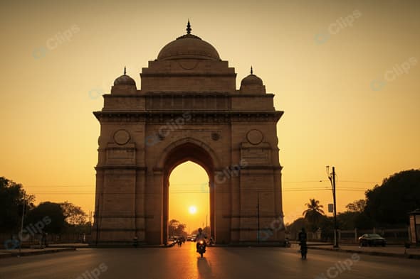 India Gate at Sunset with Motorcyclists