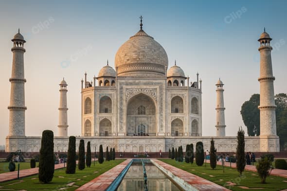 The Taj Mahal at Daybreak with a Serene Reflective Pool
