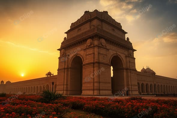 Sunset at India Gate Monument with Vibrant Flowers