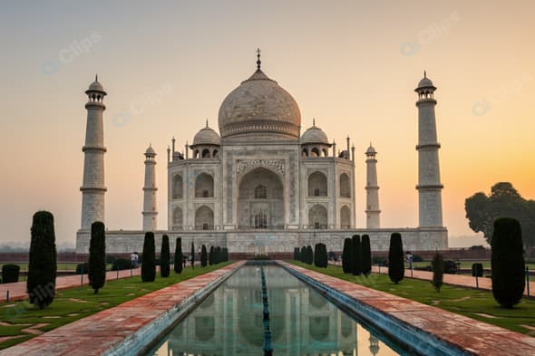 Taj Mahal at Sunrise with Reflection in Pool
