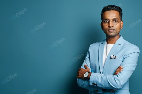 Professional Man in Blue Suit Standing Against Blue Background