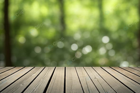 Wooden Deck Overlooking Green Forest Bokeh Background