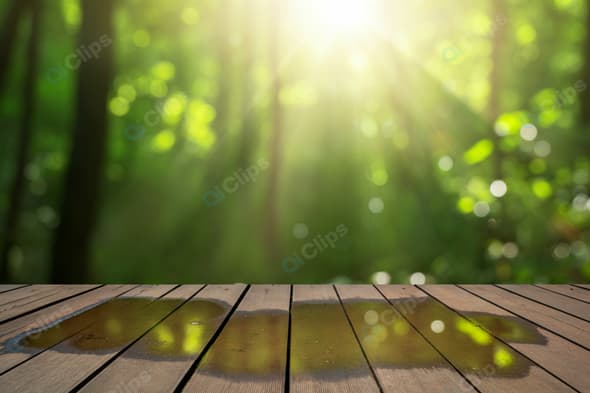 Sunlight Streaming Through Forest onto Wet Wooden Deck