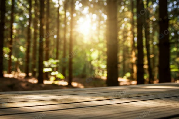 Sunlit Forest with Wooden Deck in Tranquil Setting