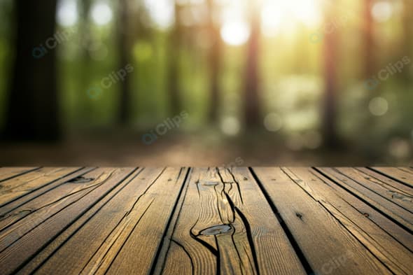 Wooden Table with Forest Background in Sunlight