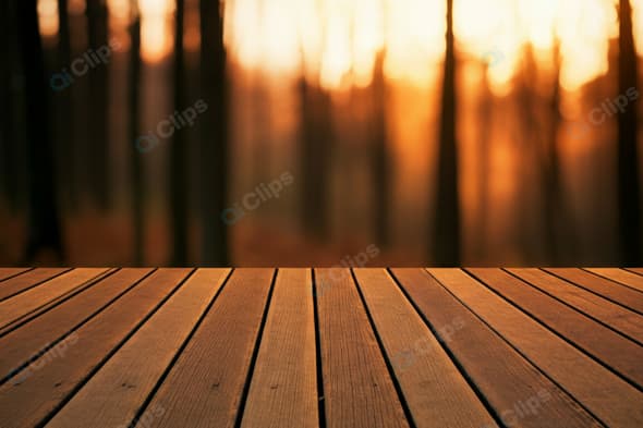 Wooden Deck Against Blurred Forest Sunset Background