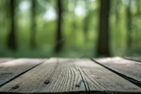 Rustic Wooden Table in Forest Blur Background