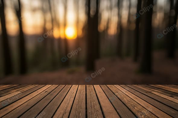 Wooden Deck Overlooking Forest Sunset