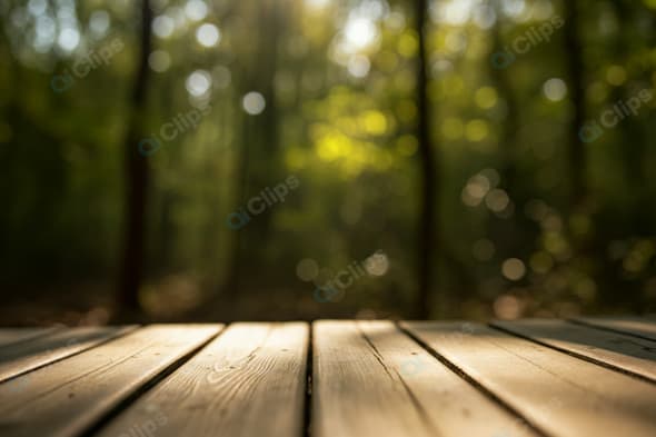 Wooden Deck in Sunny Forest Background