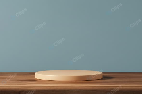 Wooden Table with Empty Display Pedestal Against Blue Wall