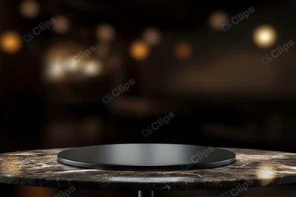 Sleek Black Lazy Susan on Marble Table with Blurred Bistro Lights