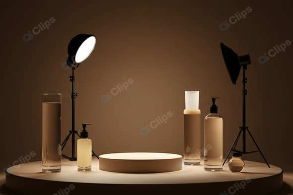 Studio Display with Cosmetic Bottles and Lighting Equipment