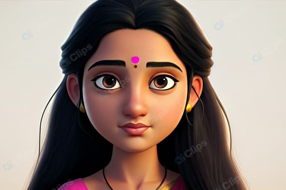 Animated Young Woman with Traditional Bindi and Earrings