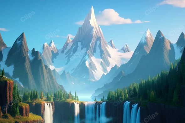 Snowy Mountain Peaks with Waterfalls and Forest Scenery