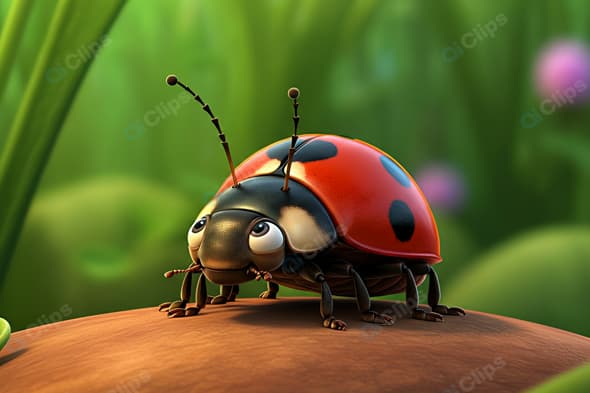 Cartoon Ladybug on Leaf in Vibrant Garden