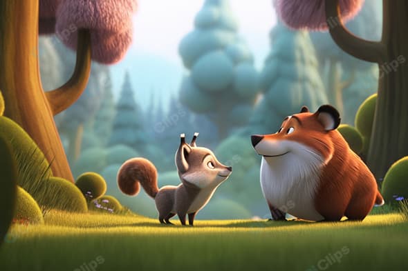 Whimsical Forest with Cartoon Squirrel and Bear