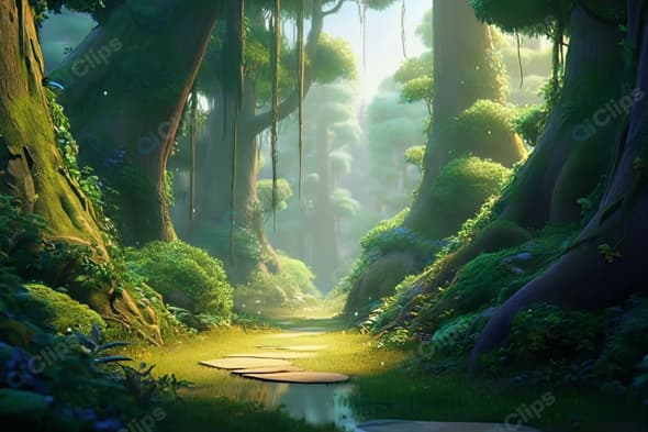 Enchanted Forest Pathway with Sunlight and Mist