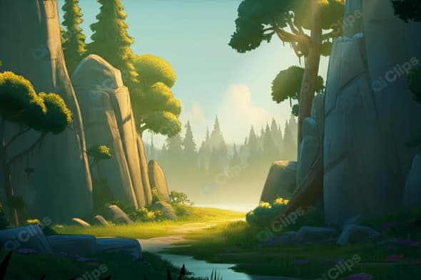 Forest Pathway Amid Towering Cliffs at Sunrise