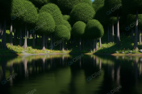 Reflective Forest Lake Scene with Lush Greenery
