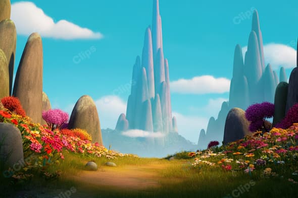 Fantasy Landscape with Colorful Flowers and Rock Formations