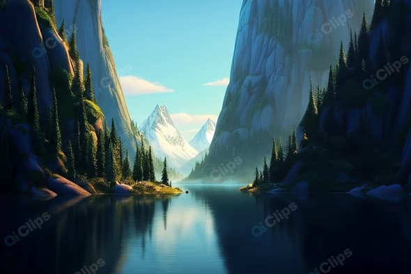 Mountain Lake with Pines and Snowy Peaks