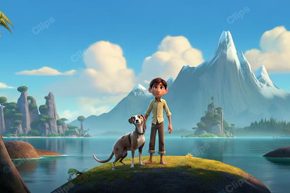 Boy and Dog on Island with Mountainous Landscape
