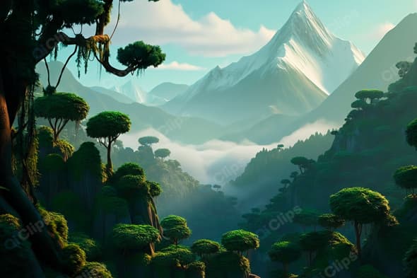 Mountain View with Misty Forest and Snowy Peaks