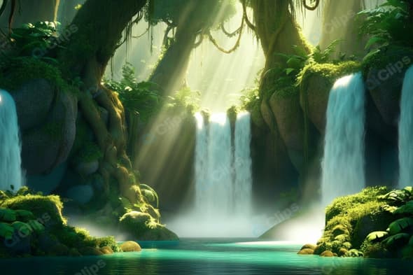 Tropical Waterfall in Sunlit Jungle Oasis