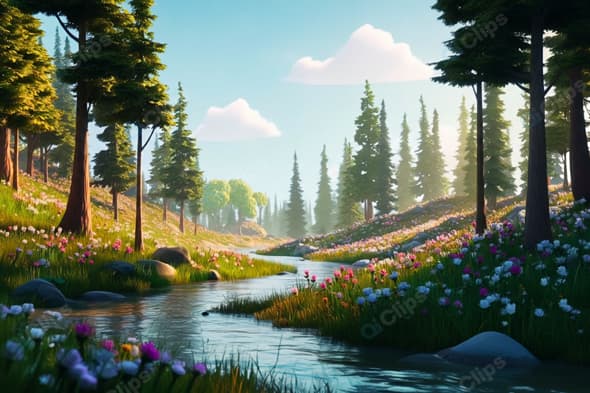 Sunny Forest Stream with Wildflowers and Evergreen Trees