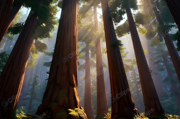 Sunlight Filtering Through Redwood Forest