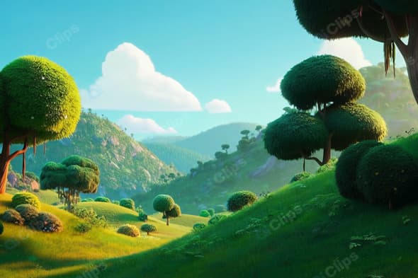 Cartoon Landscape with Lush Hills and Trees