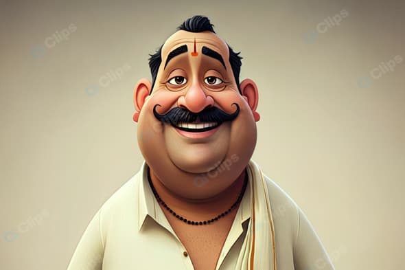 Cheerful Cartoon Character with Mustache and Traditional Attire
