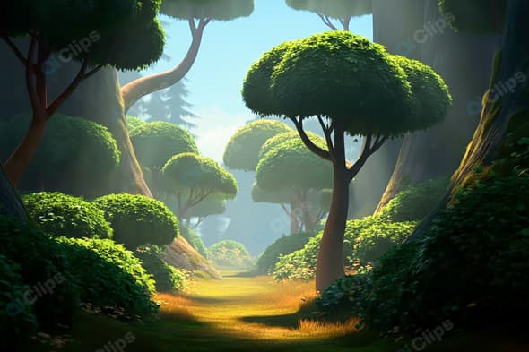 Lush Forest Pathway with Sunlight Streaming Through Trees