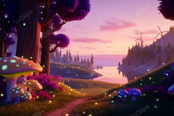 Fantasy Landscape with Glowing Mushrooms and Windmills at Sunset