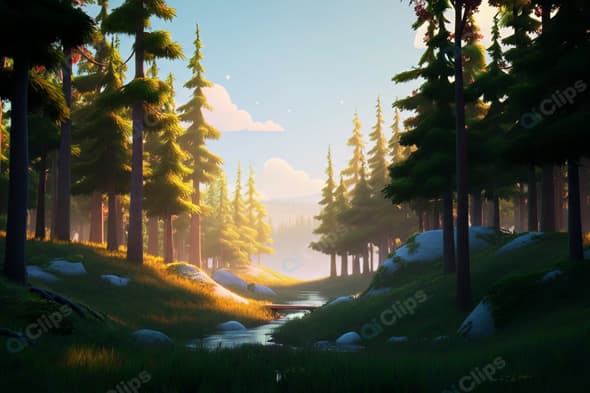 Sunlit Forest with Stream at Dawn